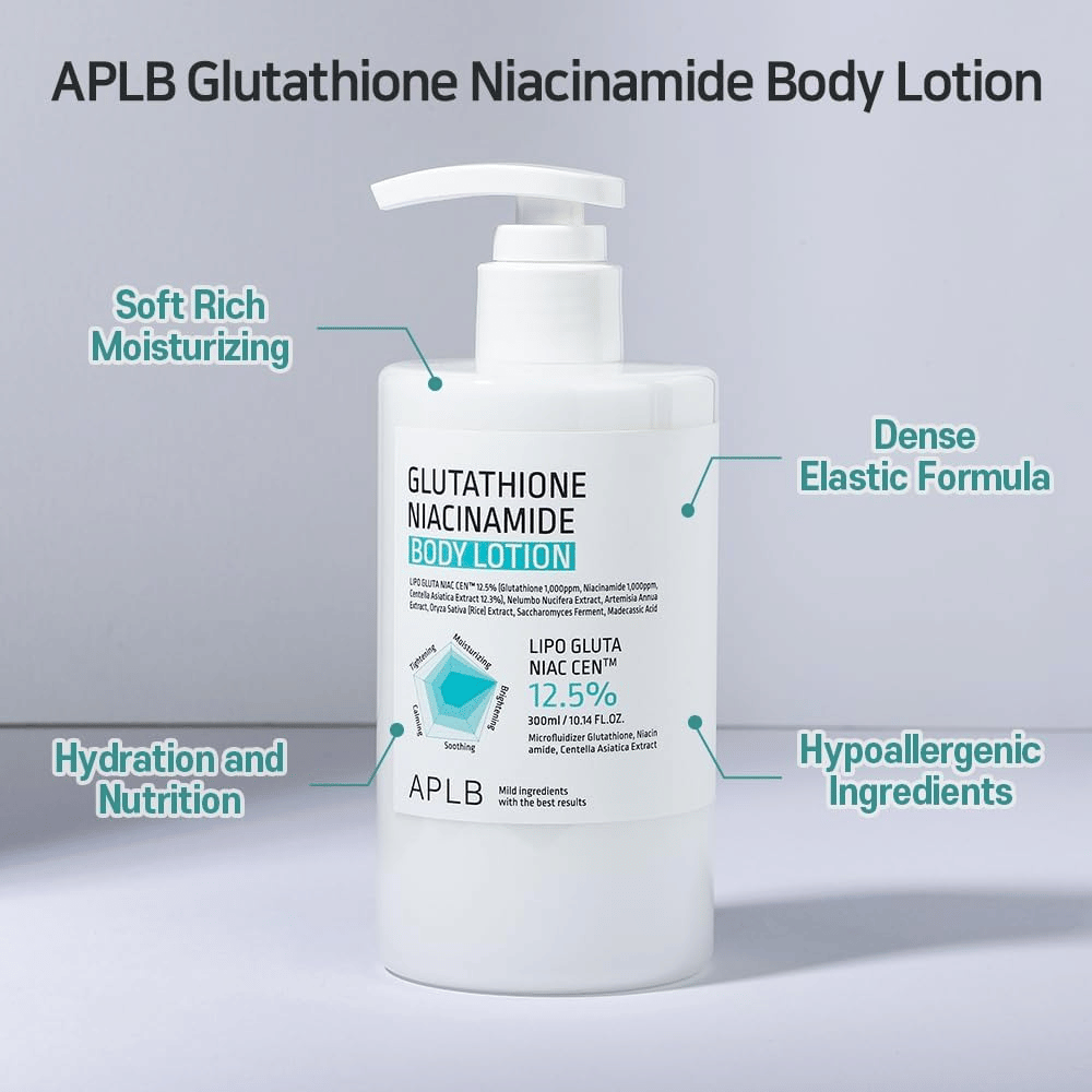 APLB Glutathione Niacinamide Body Lotion pompflacon met hydraterende, elastische formule en hypoallergene ingrediënten voor zachte en voedende huidverzorging