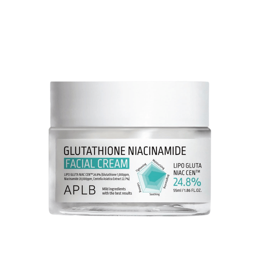 APLB Glutathione Niacinamide Facial Cream in pot met lichte formule die hydrateert, de huidteint egaliseert en meer glans geeft