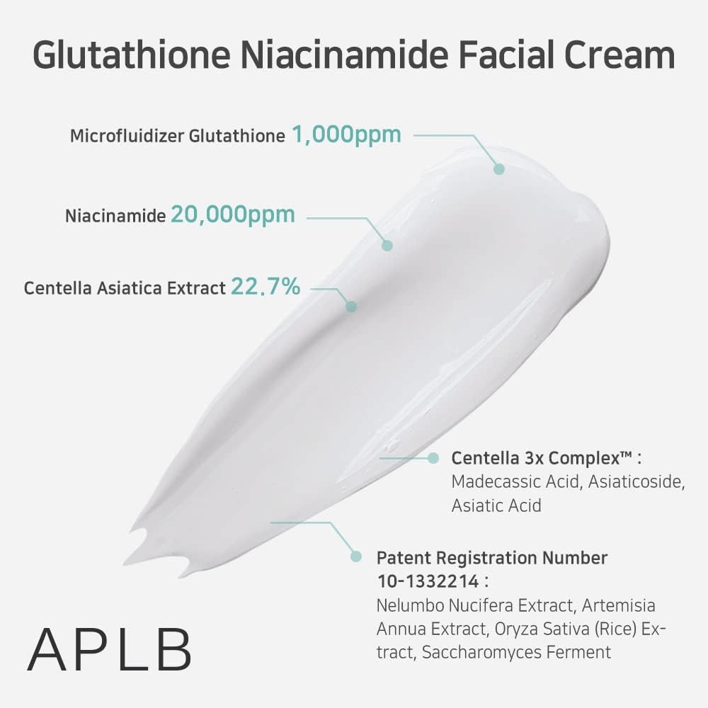 APLB Glutathione Niacinamide Facial Cream met 1000ppm glutathion, 20000ppm niacinamide en 22,7% centella asiatica voor hydratatie en een kalmerend effect