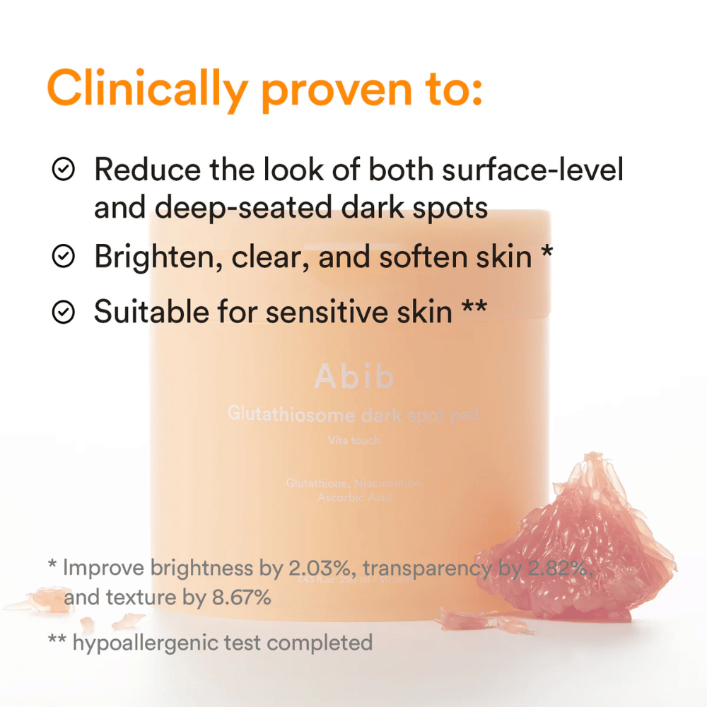 Abib Glutathiosome Dark Spot Pad Vita Touch met klinisch geteste voordelen voor glow en pigmentatie.