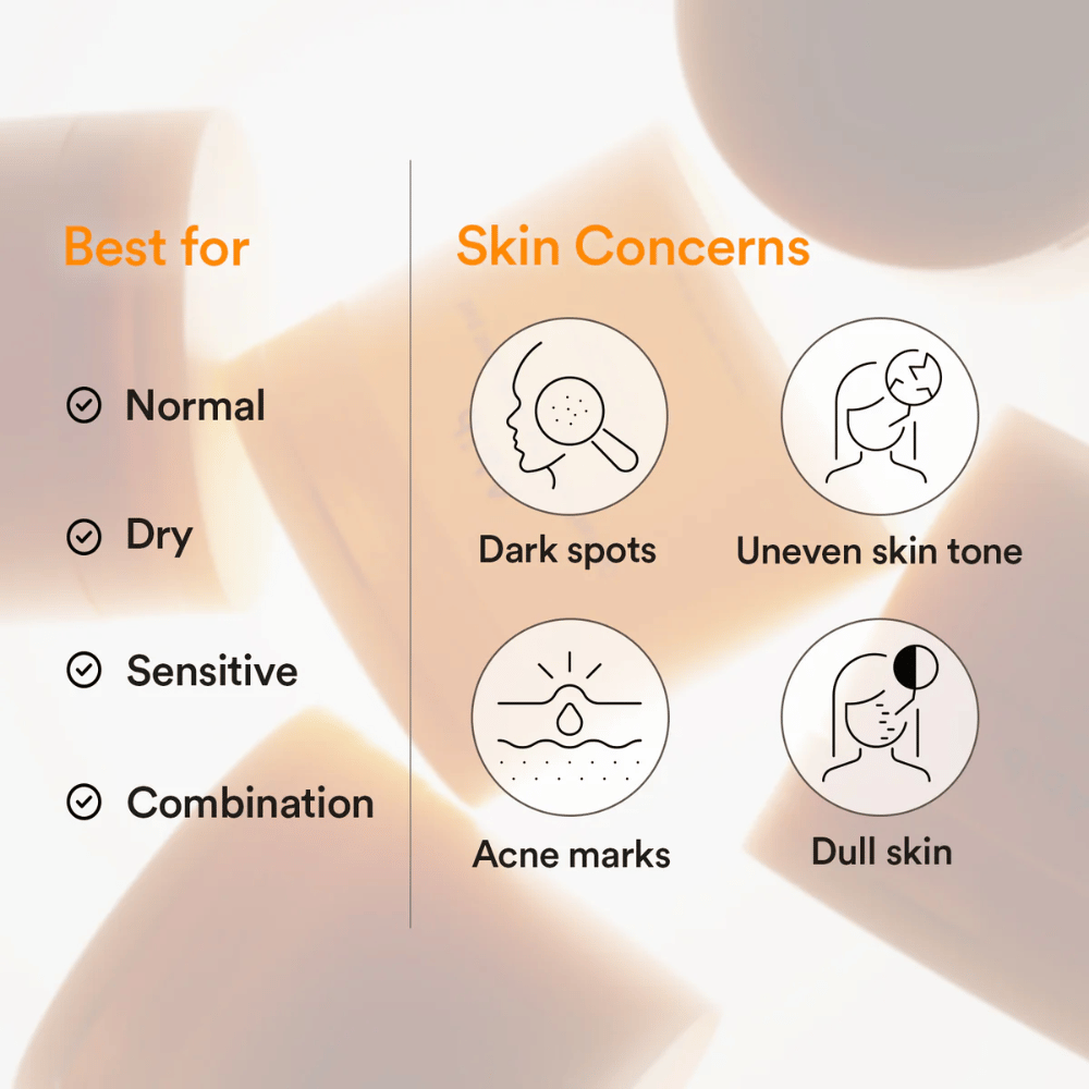 Abib Glutathiosome Dark Spot Pad Vita Touch toont huidtypes en huidproblemen zoals donkere vlekken en een ongelijkmatige teint.