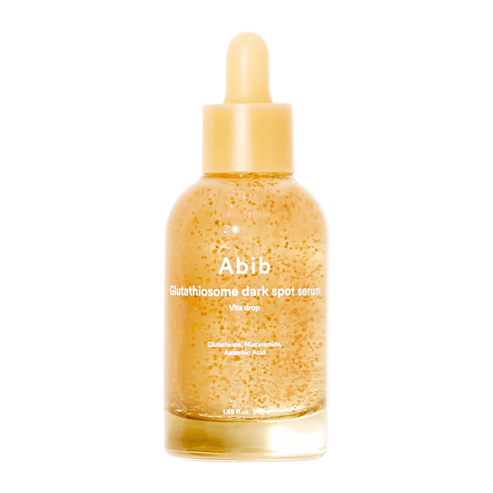 Productafbeelding van Abib Glutathiosome Dark Spot Serum Vita Drop in een doorzichtige glazen fles met een gele pipet en zichtbare microcapsules in het serum.