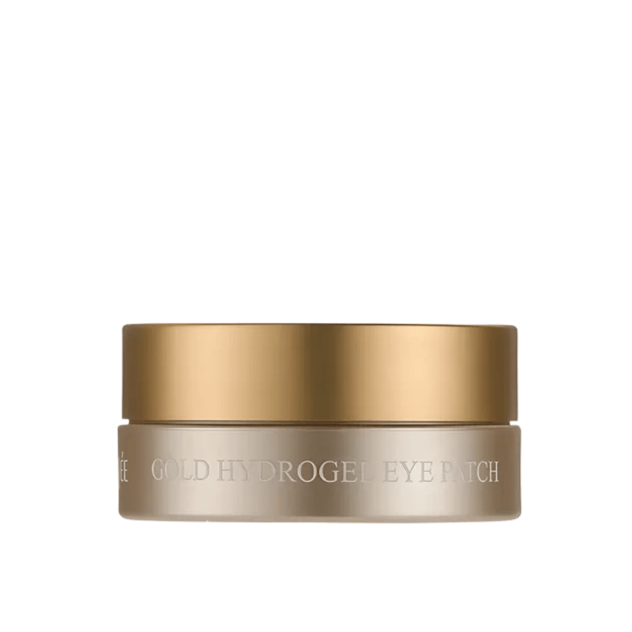 Vrijstaande productafbeelding van PETITFEE Gold Hydrogel Eye Patch in een elegante goudkleurige pot tegen een lichte achtergrond. Het ontwerp geeft een exclusieve en luxueuze indruk.