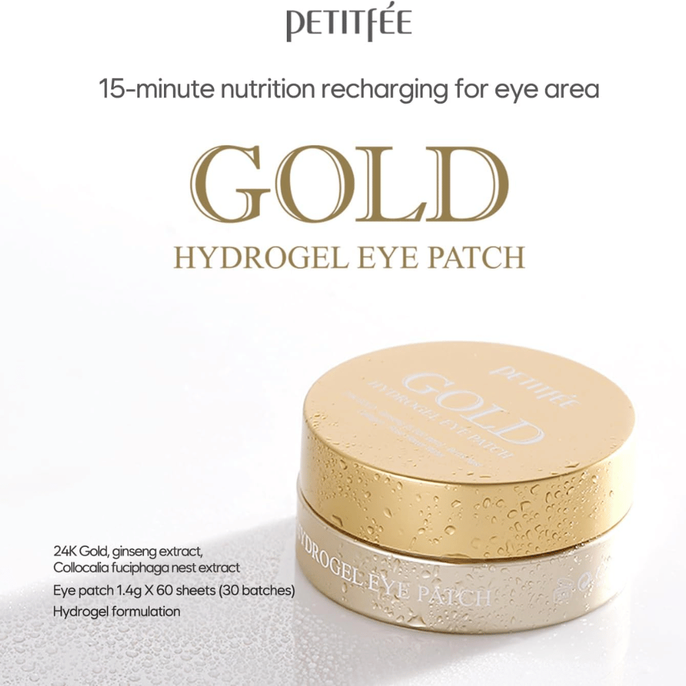 Strakke productafbeelding van PETITFEE Gold Hydrogel Eye Patch met goudkleurige verpakking op een lichte achtergrond. De tekst benadrukt ingrediënten zoals 24K goud, ginseng en een hydrogel-formule voor hydratatie en glow.
