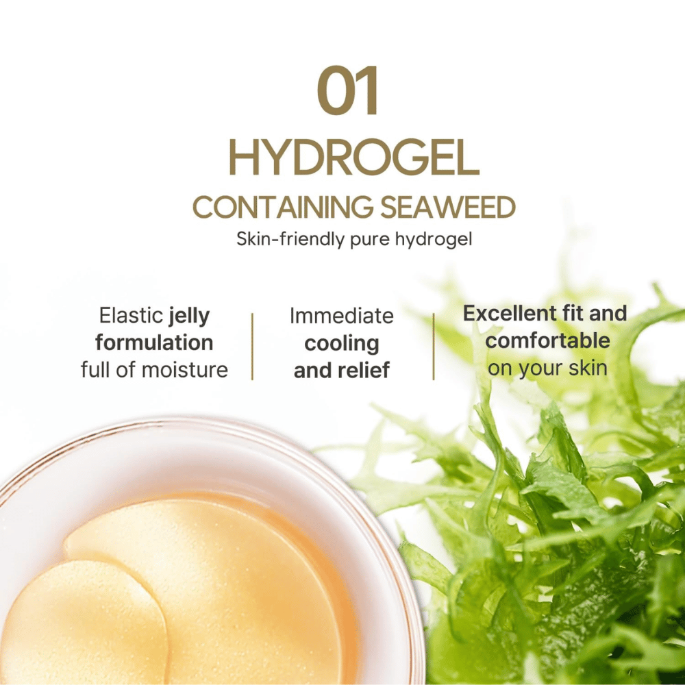 Productafbeelding die de hydrogel-formule met zeewier en de hydraterende, verkoelende en huidvriendelijke eigenschappen ervan benadrukt. De afbeelding toont ook de gel-gebaseerde eye patches in de verpakking.