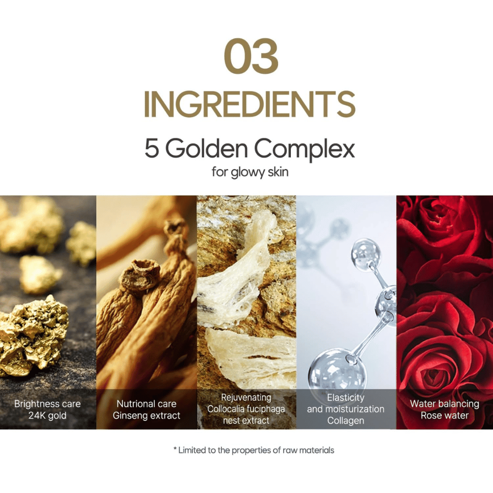 Informatieafbeelding over het “5 Golden Complex” met ingrediënten zoals 24K goud, ginsengextract, vogelnestextract, collageen en rozenwater. De focus ligt op glow, elasticiteit en hydratatie.