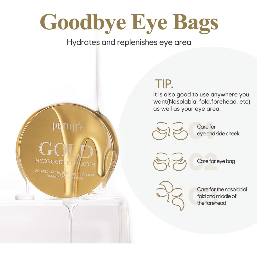 Productafbeelding van PETITFEE Gold Hydrogel Eye Patch met focus op het hydrateren en verzorgen van het gebied onder de ogen. De afbeelding toont ook verschillende toepassingsgebieden zoals wallen, het wanggebied en nasolabiale lijnen.