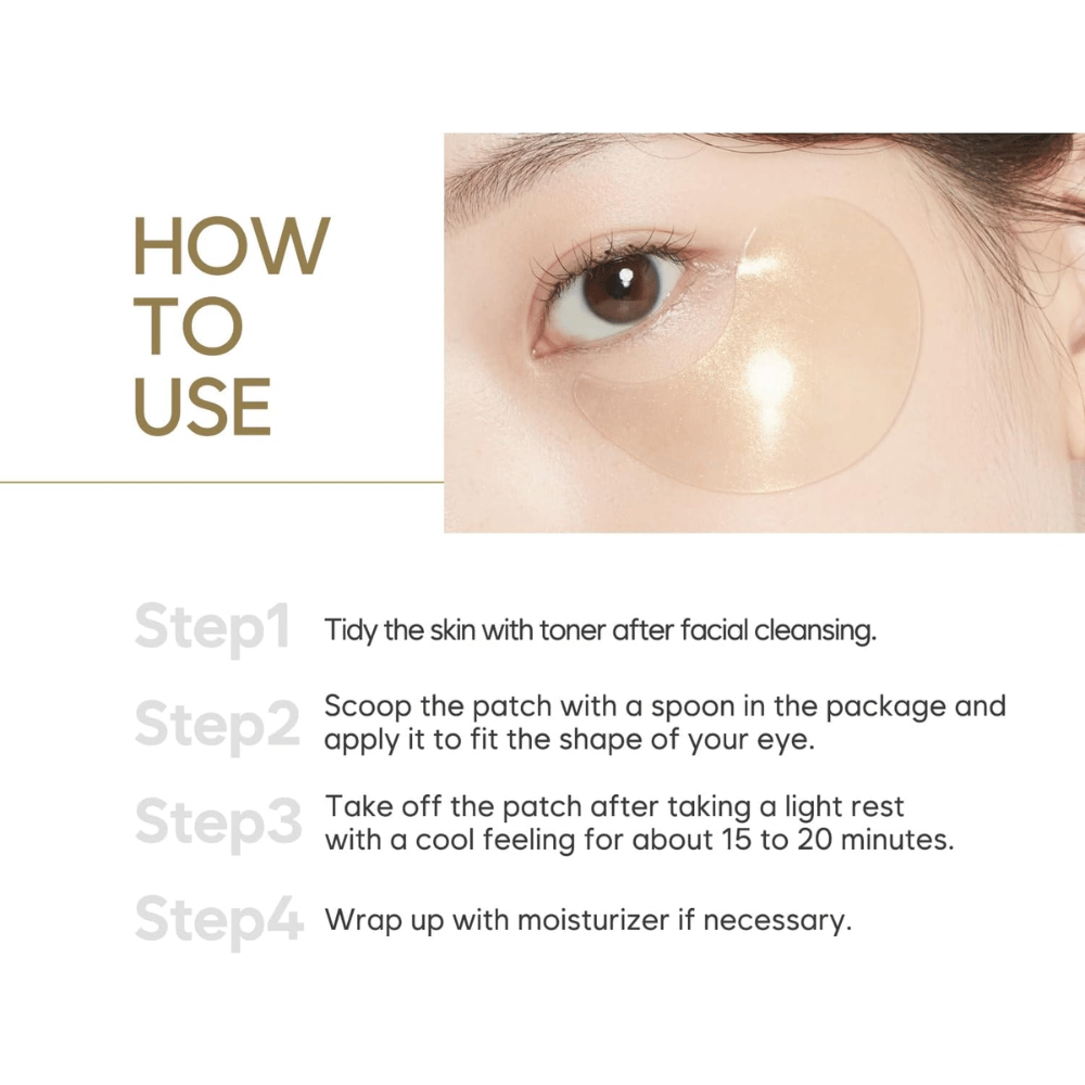 Instructieafbeelding die laat zien hoe hydrogel eye patches onder de ogen worden aangebracht na reiniging en toner. De stapsgewijze handleiding beschrijft het gebruik en de aanbevolen inwerktijd voor gehydrateerde en frisse huid.