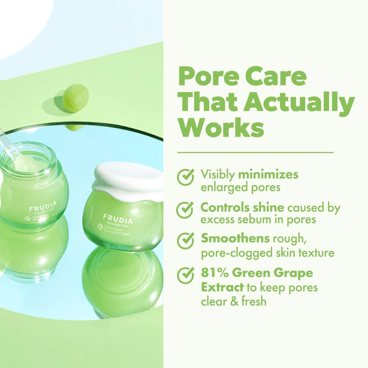 FRUDIA Green Grape Pore Control Cream dat zichtbaar poriën vermindert, glans controleert en de huidstructuur egaliseert met 81% groene druivenextract.