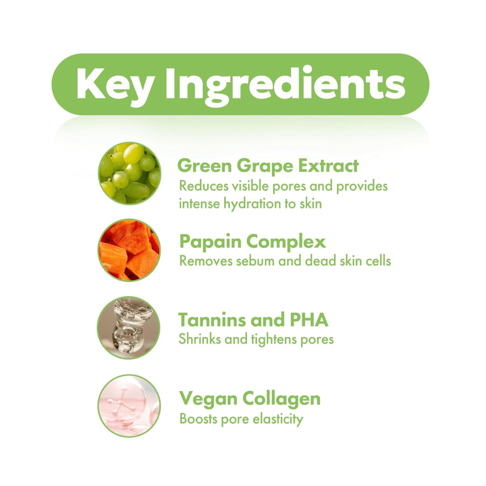 Belangrijkste ingrediënten in FRUDIA Green Grape Pore Control Cream met groene druivenextract, papaïne, PHA, tannines en vegan collageen voor een helderdere en gladdere huid.