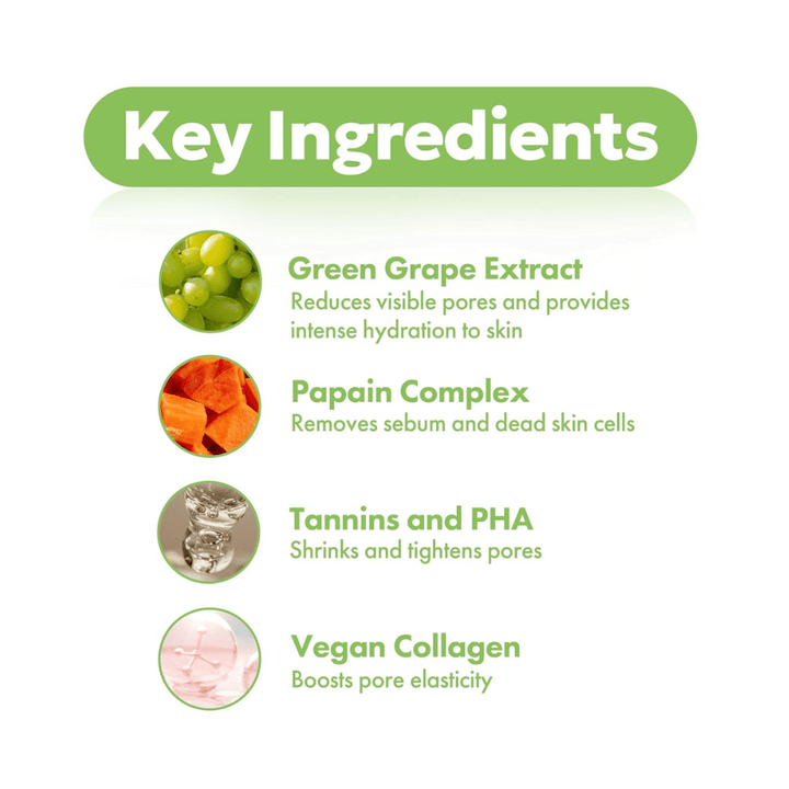 Belangrijkste ingrediënten in FRUDIA Green Grape Pore Control Cream met groene druivenextract, papaïne, PHA, tannines en vegan collageen voor een helderdere en gladdere huid.