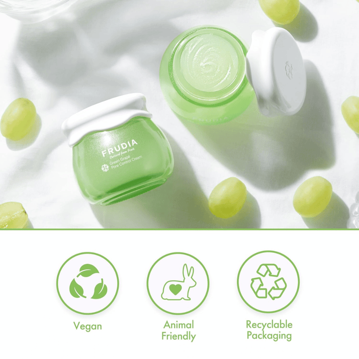 FRUDIA Green Grape Pore Control Cream met groene druivenextract, veganistische gezichtscrème die poriën minimaliseert, sebum balanceert en een recyclebare verpakking biedt.