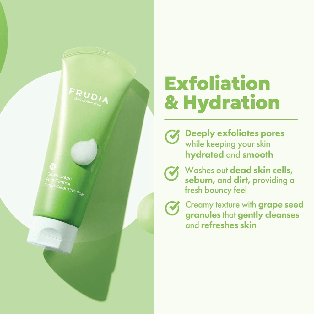 FRUDIA Green Grape Pore Control Scrub Cleansing Foam – exfoliërende gezichtsreiniger met druivenpitgranulaat die vuil, talg en dode huidcellen verwijdert zonder de huid uit te drogen.