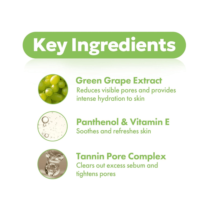 FRUDIA Green Grape Pore Control Scrub Cleansing Foam – sleutelingrediënten zoals groen druivenextract, panthenol, vitamine E en tannine poriecomplex voor gereinigde en verfijnde poriën.