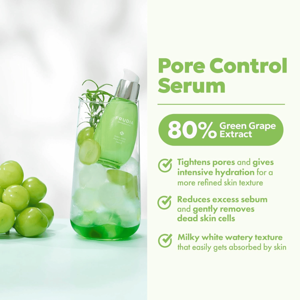 Frudia Green Grape Pore Control Serum die poriën verstevigt, overtollig sebum vermindert en snel wordt opgenomen met een lichte, melkachtige textuur voor een frisse en gebalanceerde huid.