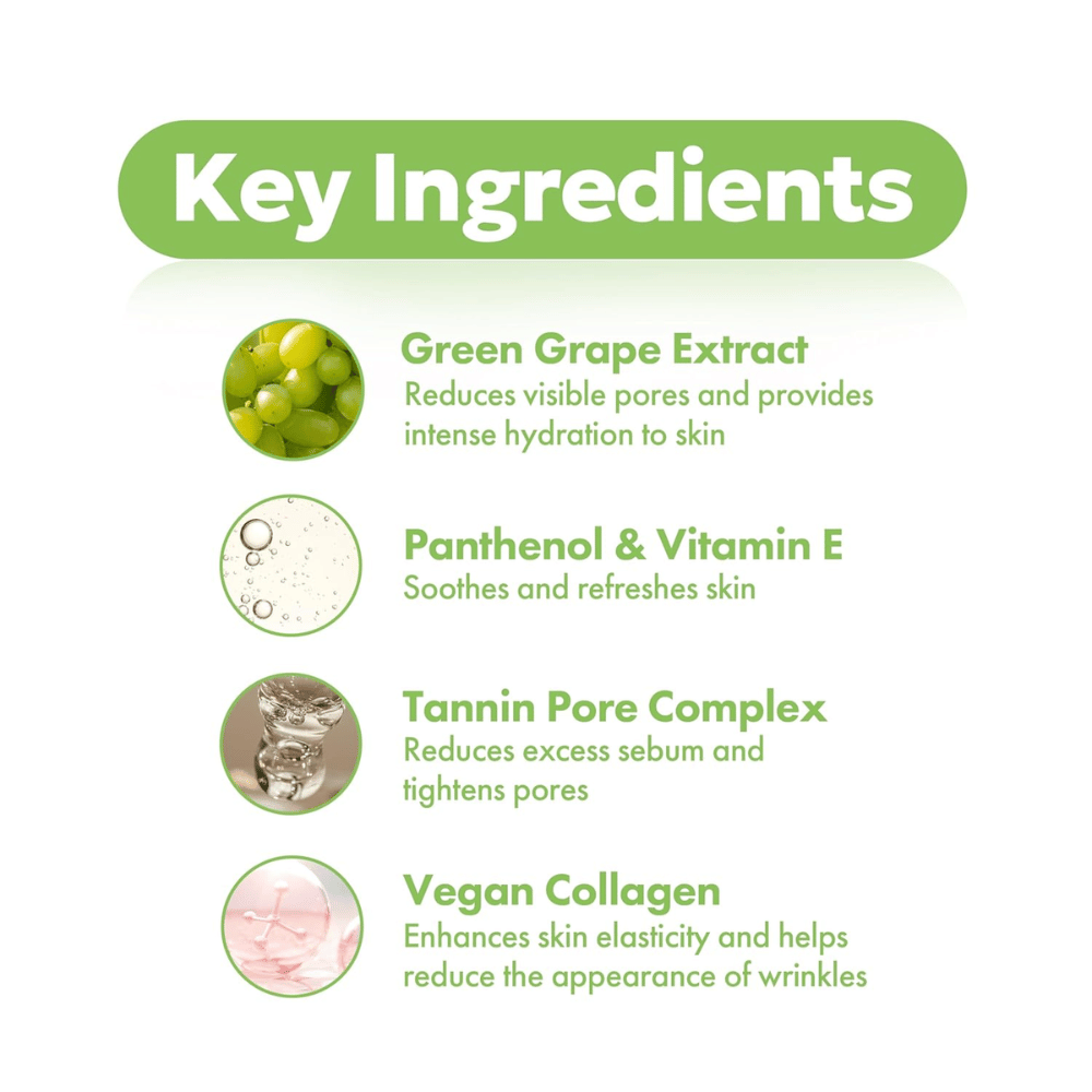Belangrijkste ingrediënten in Frudia Green Grape Pore Control: groen druivenextract voor poriën, panthenol en vitamine E voor kalmerend effect, tannine poriecomplex en vegan collageen.