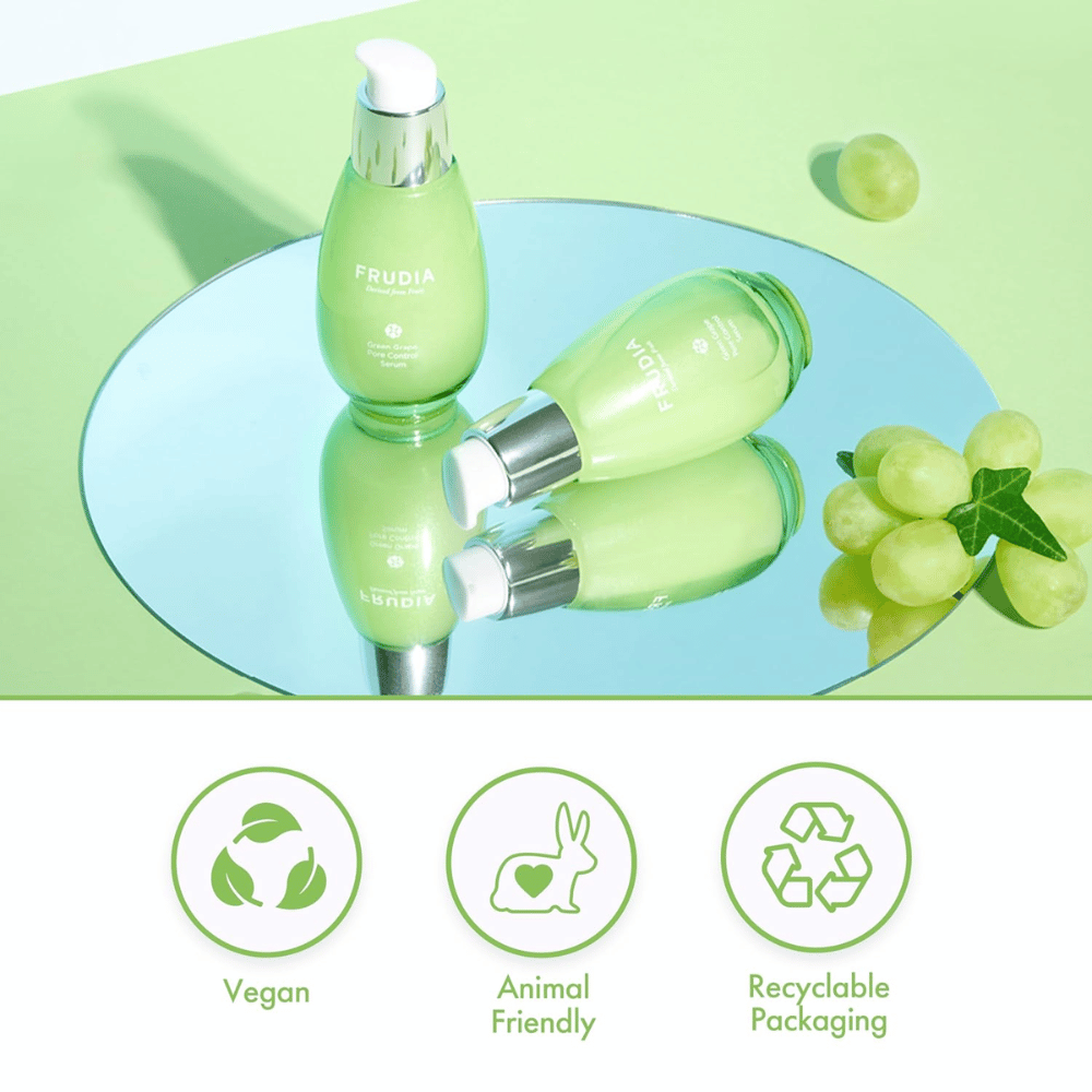 Frudia Green Grape Pore Control Serum met groene druiven, veganistische formule, cruelty-free en recyclebare verpakking – Koreaanse huidverzorging voor porieverkleining en gebalanceerde huid.