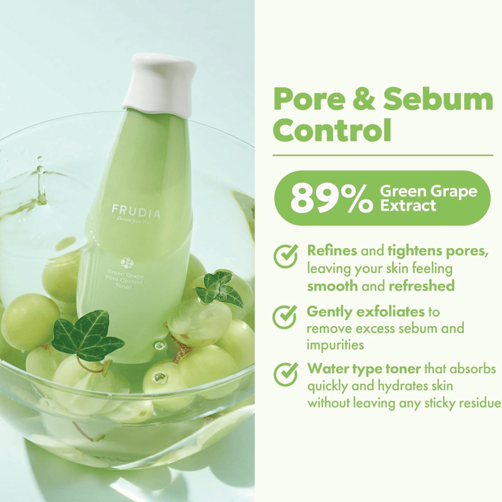 Frudia Green Grape Pore Control Toner met 89% groen druivenextract dat poriën verfijnt, overtollig talg vermindert en de huid hydrateert met een lichte, snel absorberende toner zonder plakkerig gevoel.