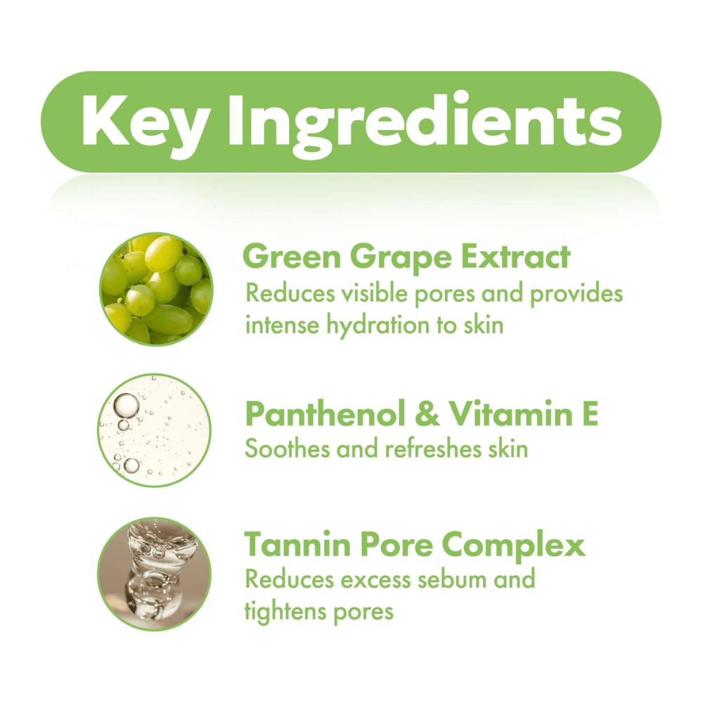 Belangrijkste ingrediënten in Frudia Green Grape Pore Control met groen druivenextract, panthenol, vitamine E en tannine poriëncomplex die de huid hydrateren, poriën verminderen en talg balanceren.