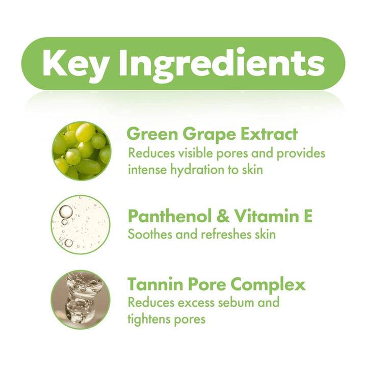 Belangrijkste ingrediënten in Frudia Green Grape Pore Control met groen druivenextract, panthenol, vitamine E en tannine poriëncomplex die de huid hydrateren, poriën verminderen en talg balanceren.