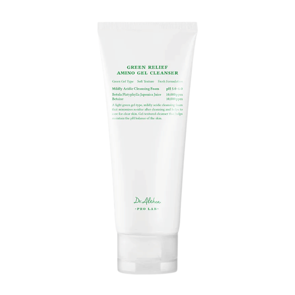 Het product toont Dr. Althea Green Relief Amino Gel Cleanser – een milde, veganistische reinigingsgel met een lichte groene formule en pH 5.0–6.0 voor de gevoelige huid.