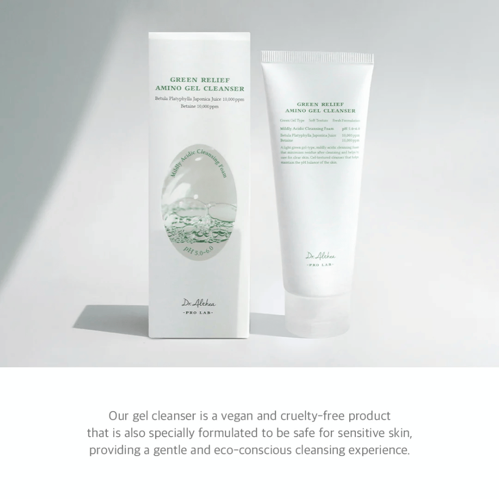 Dr. Althea Green Relief Amino Gel Cleanser is een veganistische, cruelty-free reiniging met milde geltextuur. Speciaal ontwikkeld voor gevoelige huid en milieubewust gebruik.
