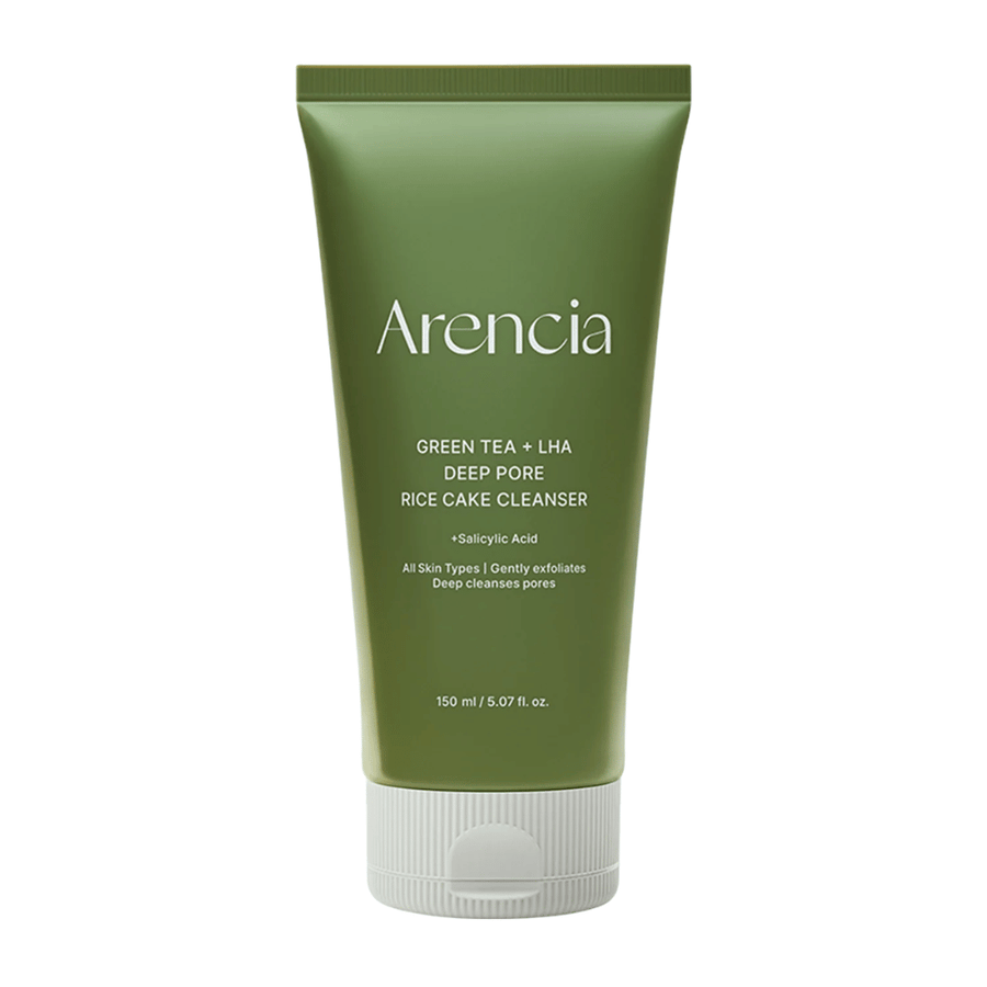 Zuivere productafbeelding van Arencia Green Tea + LHA Deep Pore Rice Cake Cleanser in groen tube-ontwerp met focus op minimalistische en moderne verpakking.