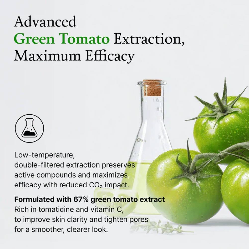 Afbeelding met groene tomaten en een laboratoriumfles die het ingrediënt “green tomato extract” en het effect ervan op de huid benadrukt.