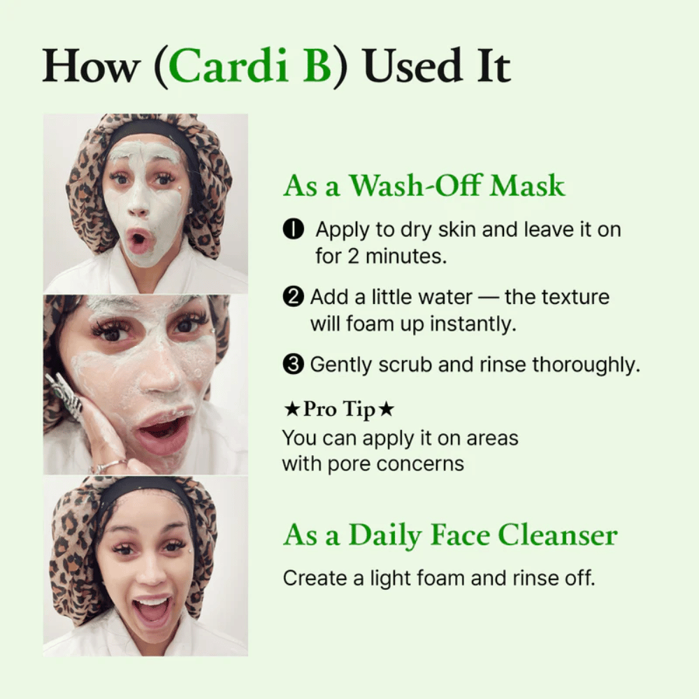 Instructiebeeld dat laat zien hoe het product wordt gebruikt, met een persoon die een gezichtsmasker aanbrengt. Stap voor stap voor zowel masker als dagelijkse reiniging.