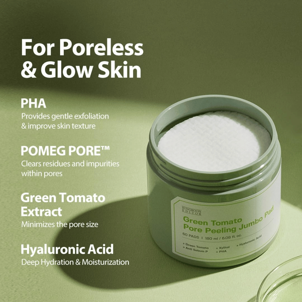SUNGBOON EDITOR Green Tomato Pore Peeling Jumbo Pad – exfoliërende pads met PHA, groen tomatenextract en hyaluronzuur