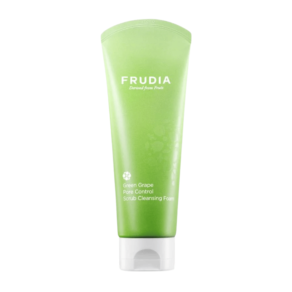 FRUDIA Green Grape Pore Control Scrub Cleansing Foam – porieverkleinende gezichtsreiniger met groen druivenextract die zacht exfolieert, poriën diep reinigt en talg balanceert voor een helderdere huid.