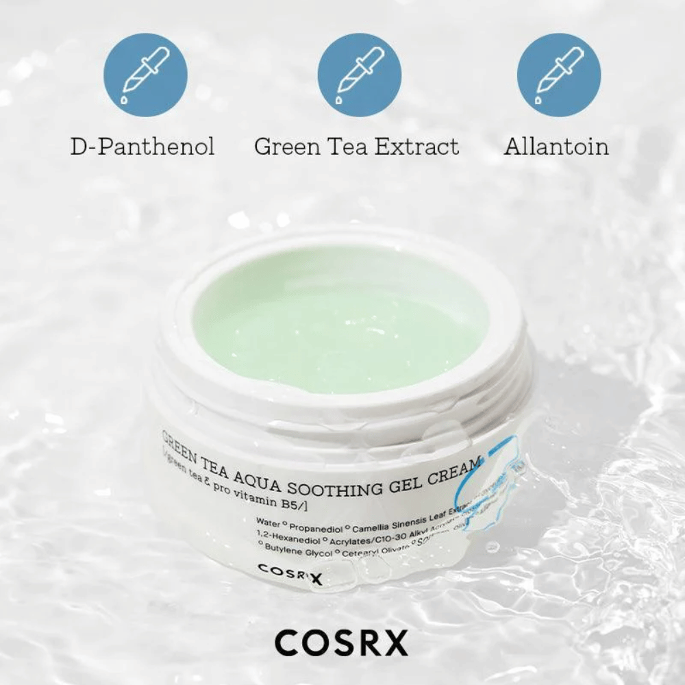 COSRX Green Tea Aqua Soothing Gel Cream – open pot met groene gelcrème. Belangrijkste ingrediënten: D-Panthenol, Groene thee-extract en Allantoïne voor hydratatie en kalmerende werking.
