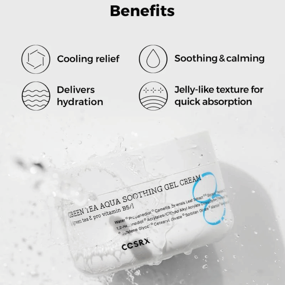 COSRX Green Tea Aqua Soothing Gel Cream – Voordelen: verkoelend effect, kalmerend en verzorgend, intensieve hydratatie en gelachtige textuur voor snelle absorptie.