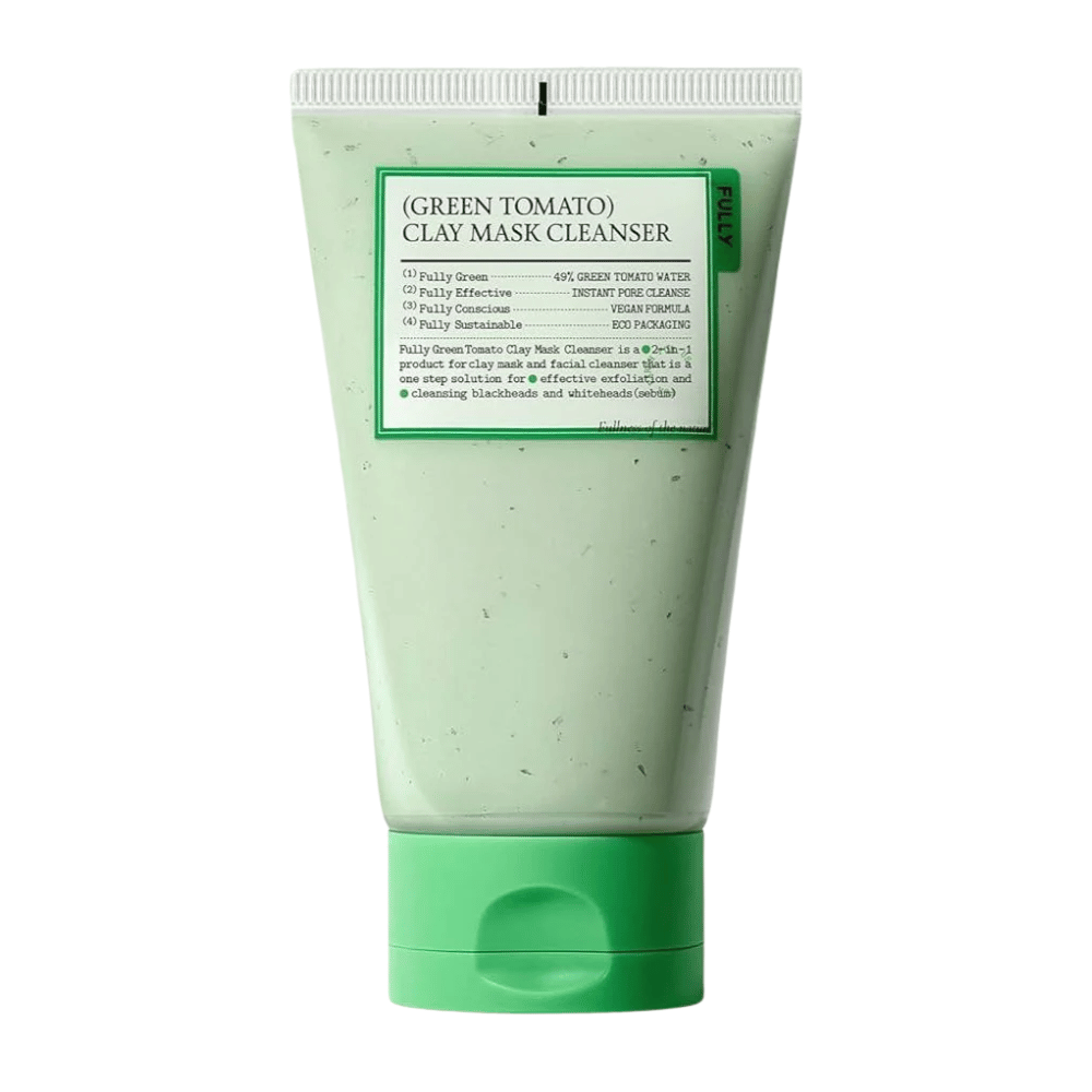 Een productafbeelding van Green Tomato Clay Mask Cleanser in een groene tube tegen een witte achtergrond. De focus ligt op de verpakking en het ontwerp.