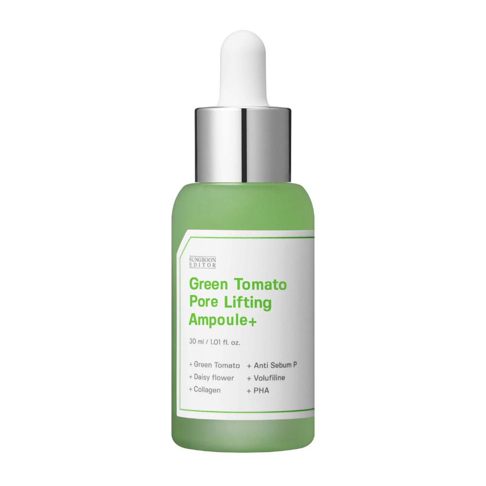 Vrijstaande productafbeelding van Green Tomato Pore Lifting Ampoule+ in groene glazen fles met pipet.
