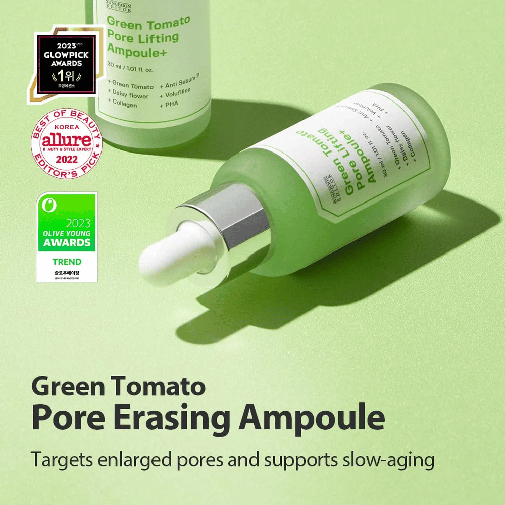 Green Tomato Pore Lifting Ampoule+ productafbeelding met onderscheidingen van Glowpick, Allure en Olive Young Awards 2023.