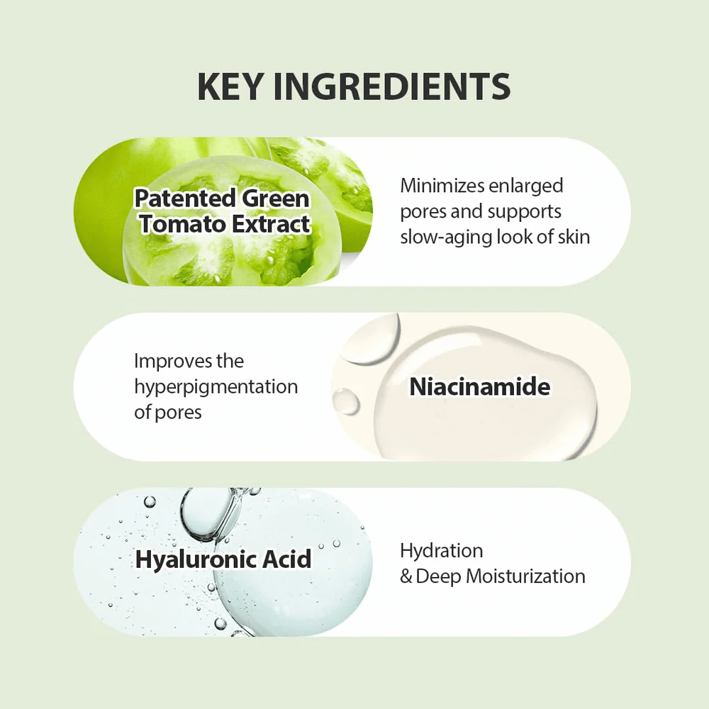 Illustratie van sleutelingrediënten in Green Tomato Pore Lifting Ampoule+ met gepatenteerde groene tomaat, niacinamide en hyaluronzuur.