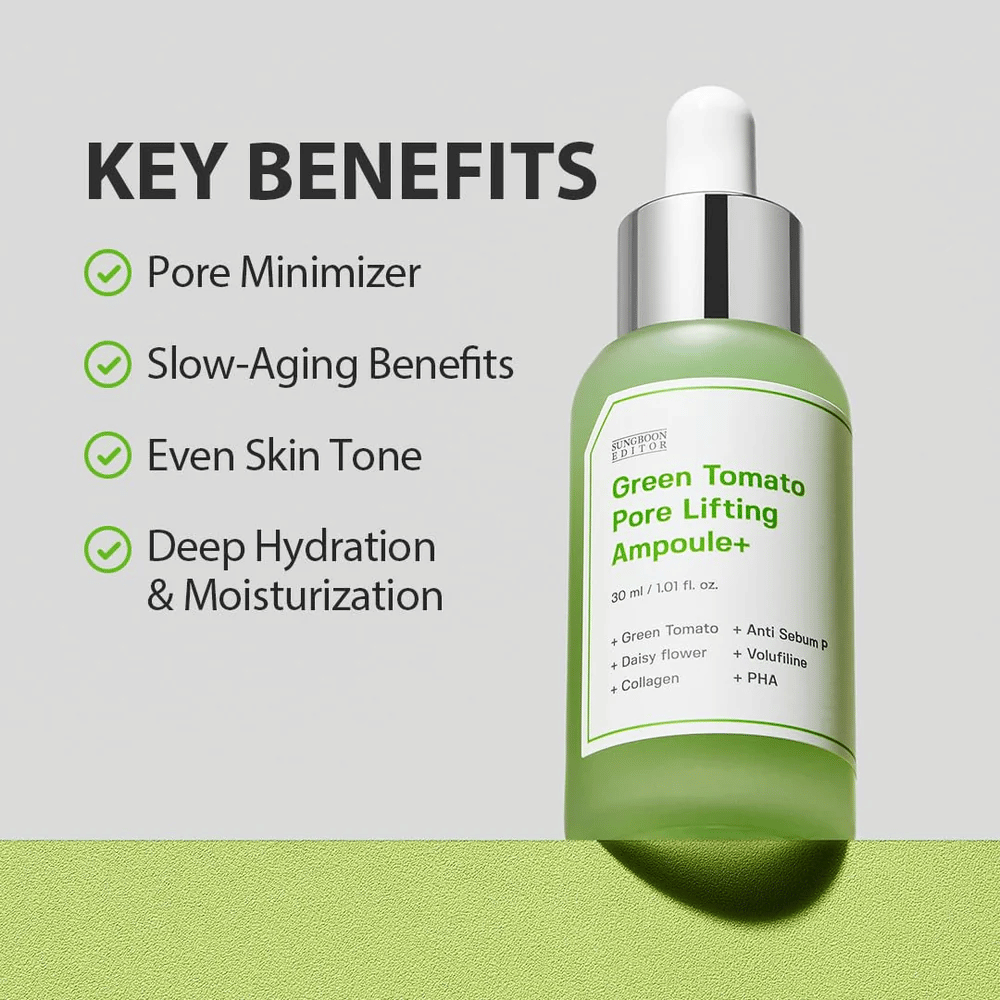 Green Tomato Pore Lifting Ampoule+ met pipetfles op groene achtergrond, opgesomde sleutelvoordelen zoals porieverkleining, anti-aging, egale huidtint en hydratatie.
