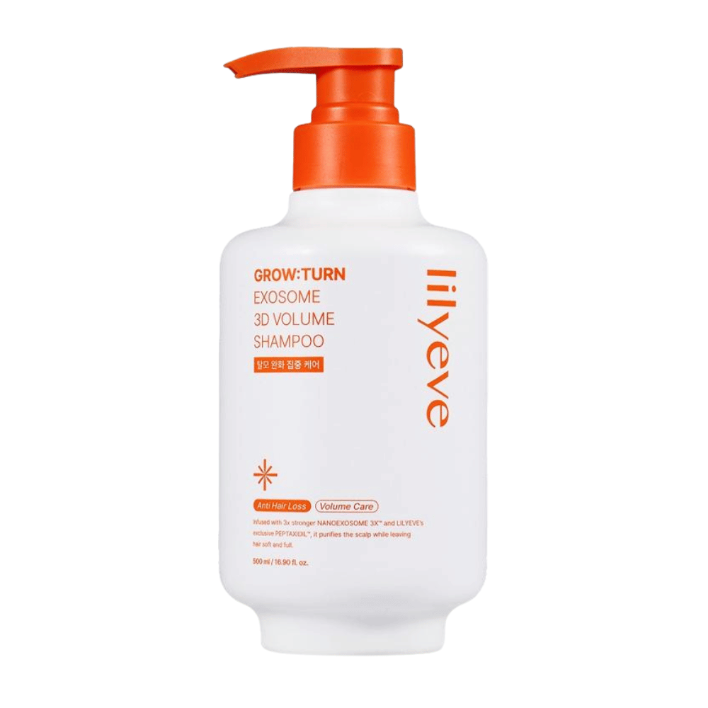 LILYEVE Grow:Turn Exosome 3D Volume Shampoo in witte pompflacon met oranje details voor hoofdhuidverzorging