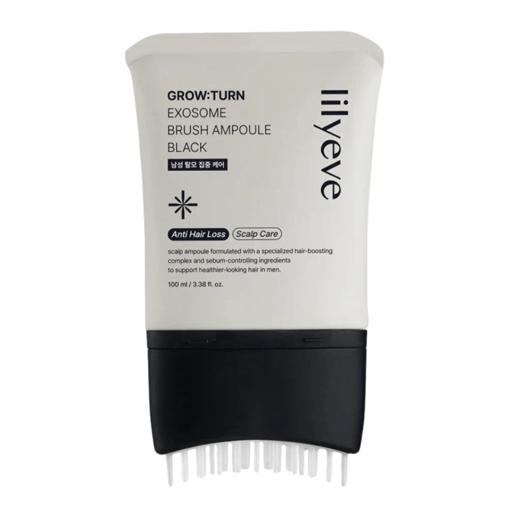 Vrijstaande productafbeelding van LILYEVE Grow:Turn Exosome Brush Ampoule Prime tegen een witte achtergrond. De geïntegreerde borstelapplicator maakt het eenvoudig om het serum direct op de hoofdhuid aan te brengen voor dagelijkse haar- en hoofdhuidverzorging.