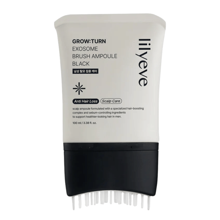 Vrijstaande productafbeelding van LILYEVE Grow:Turn Exosome Brush Ampoule Prime tegen een witte achtergrond. De geïntegreerde borstelapplicator maakt het eenvoudig om het serum direct op de hoofdhuid aan te brengen voor dagelijkse haar- en hoofdhuidverzorging.