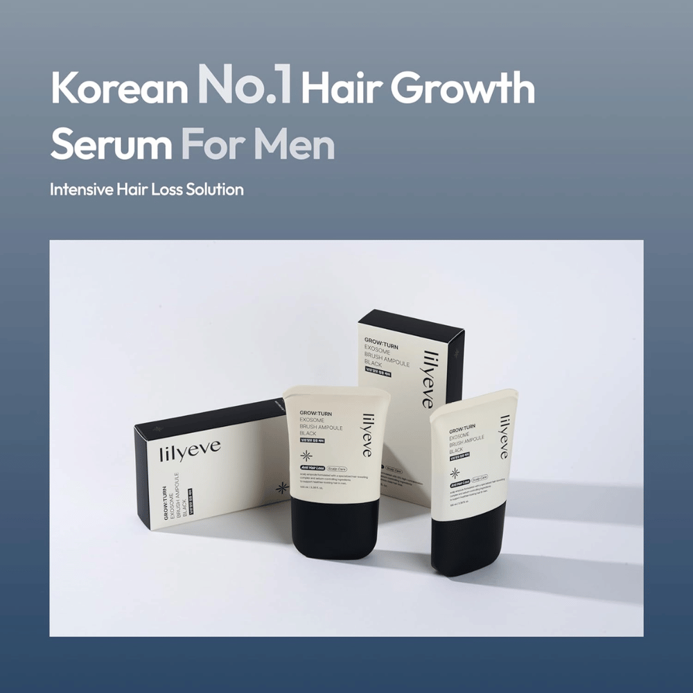 Product- en verpakkingsafbeelding van LILYEVE Grow:Turn Exosome Brush Ampoule Prime. De afbeelding benadrukt het serum als een haarverzorgingsproduct ontwikkeld voor mannen, met focus op hoofdhuidverzorging en behoeften die verband houden met haaruitval.