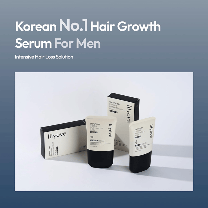 Product- en verpakkingsafbeelding van LILYEVE Grow:Turn Exosome Brush Ampoule Prime. De afbeelding benadrukt het serum als een haarverzorgingsproduct ontwikkeld voor mannen, met focus op hoofdhuidverzorging en behoeften die verband houden met haaruitval.