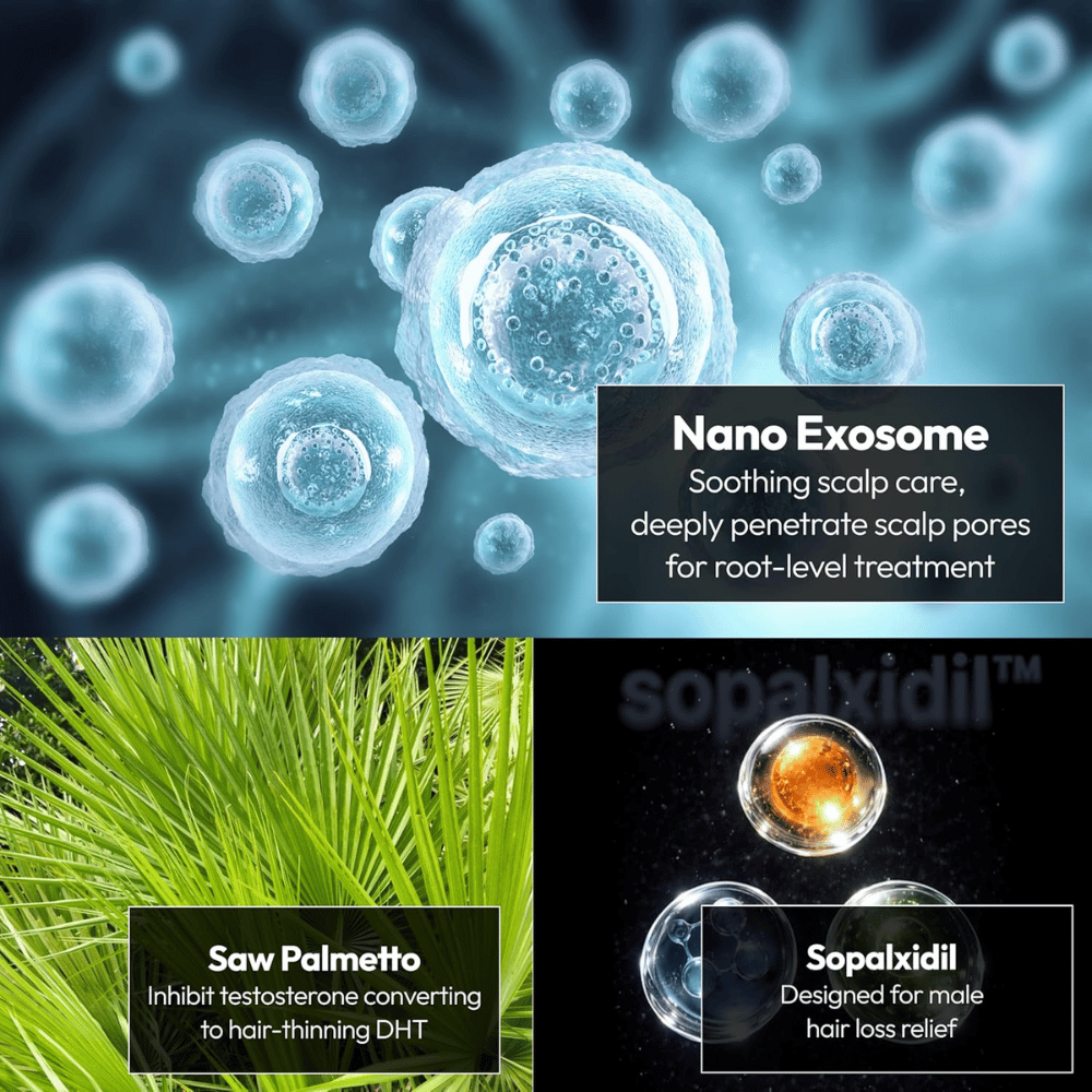 Illustratie van de belangrijkste ingrediënten van het product, waaronder nano-exosomen, saw palmetto en Sopalxidil™. De ingrediënten worden uitgelicht om de hoofdhuidverzorging te ondersteunen, DHT-gerelateerde haaruitval te verminderen en de conditie van het haar te versterken.