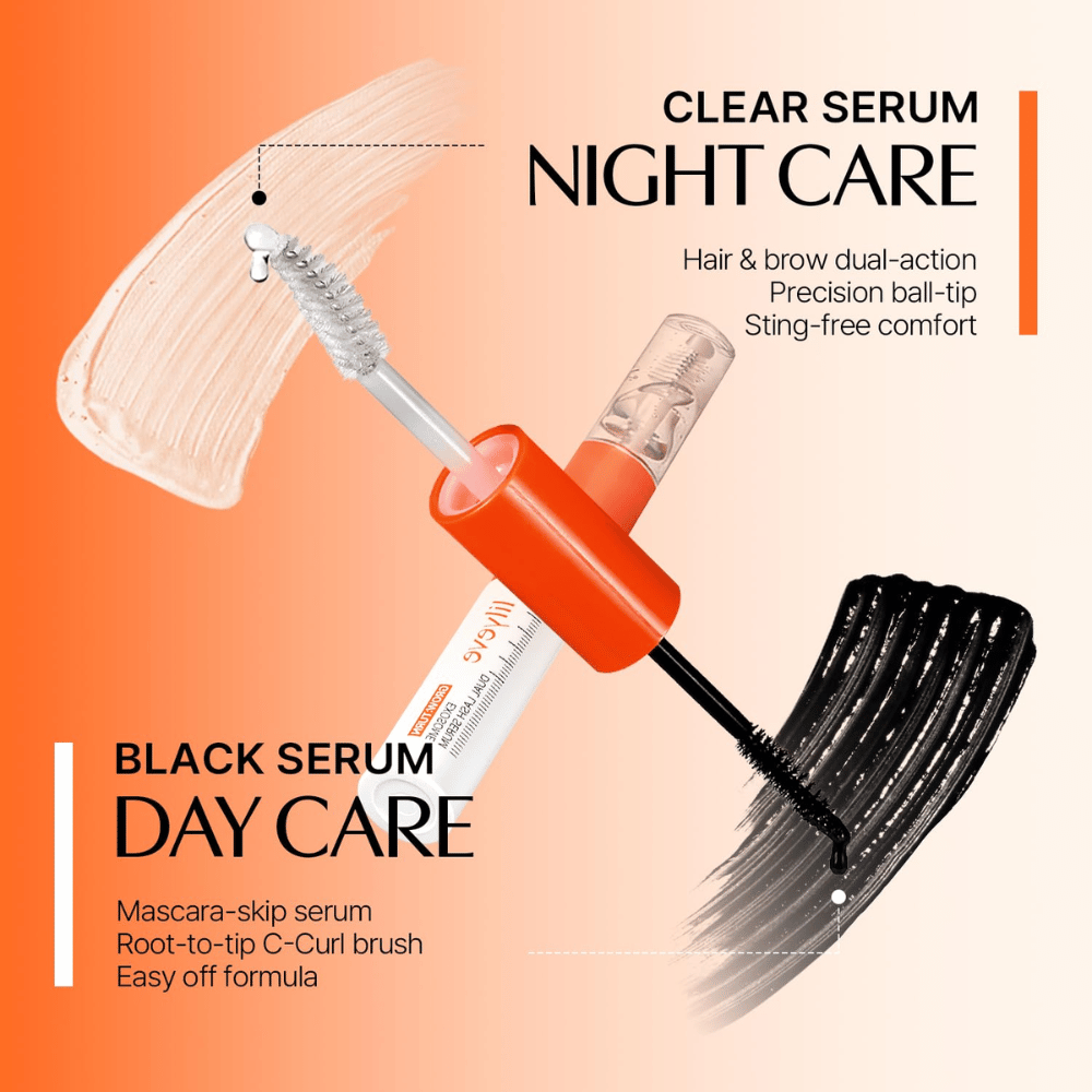 LILYEVE Grow Turn Exosome Dual Lash Serum met transparant nachtserum en zwart dagserum in een dubbelzijdige verpakking.