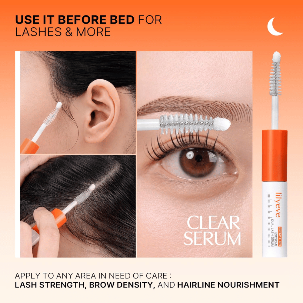 LILYEVE Grow Turn Exosome Dual Lash Serum – transparant serum voor avondverzorging van wimpers, wenkbrauwen en haarlijn.