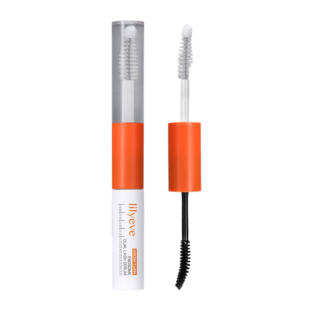 LILYEVE Grow Turn Exosome Dual Lash Serum – dubbelzijdig wimperserum met transparant en zwart serum en twee applicators.