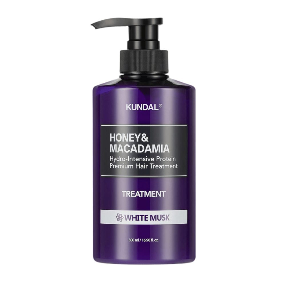 KUNDAL Honey & Macadamia Hydro-Intensive Protein Premium Hair Treatment White Musk in paarse pompflacon, 500 ml.