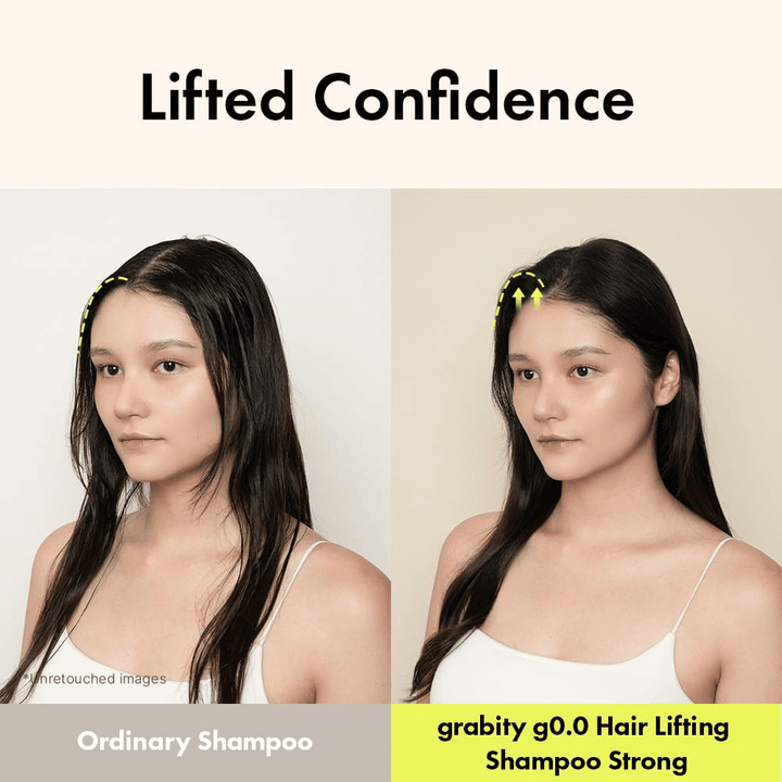 Voor- en nafoto die meer volume en lift bij de haaraanzet laat zien na gebruik van Grabity g0.0 Hair Lifting Shampoo Strong voor dun en plat haar.