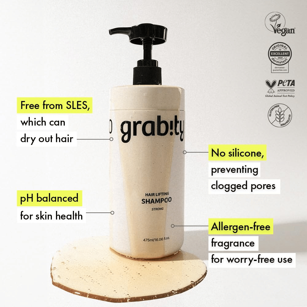 Grabity g0.0 Hair Lifting Shampoo Strong met informatie over een SLES-vrije formule, siliconenvrije samenstelling, allergeenvrije geur en certificeringen voor veganistische en milde haarverzorging.
